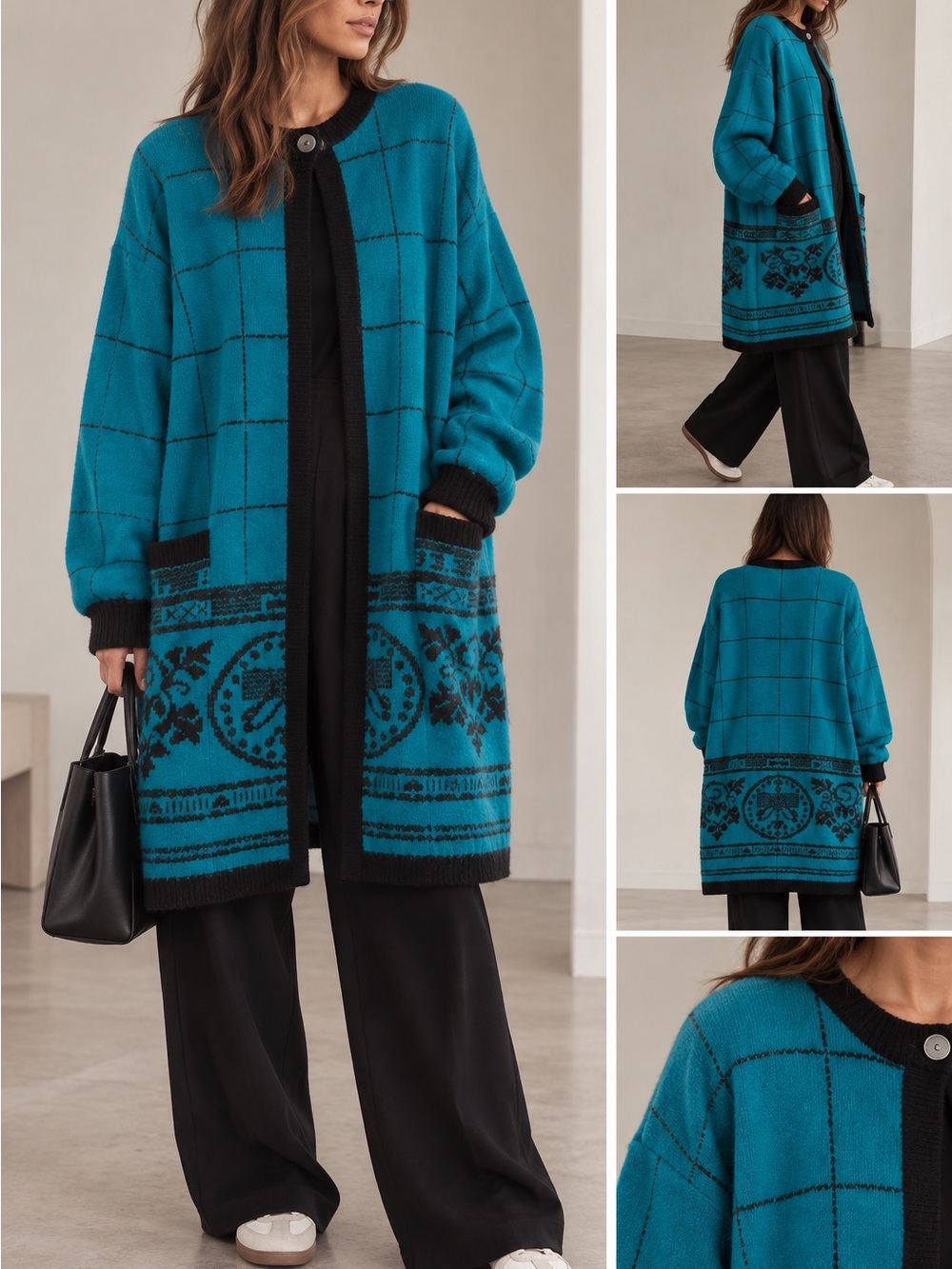 Vintage Oversized Open-Front Wool Blend Cardigan Sweater in Teal & Black Size M